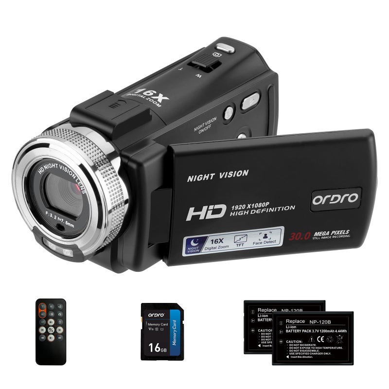ORDRO Camcorders HDV-V12 HD 1080P Video Camera Recorder Infrared Night Vision Camera Camcorders with 16G Memory Card and 2 Batteries - Image 1